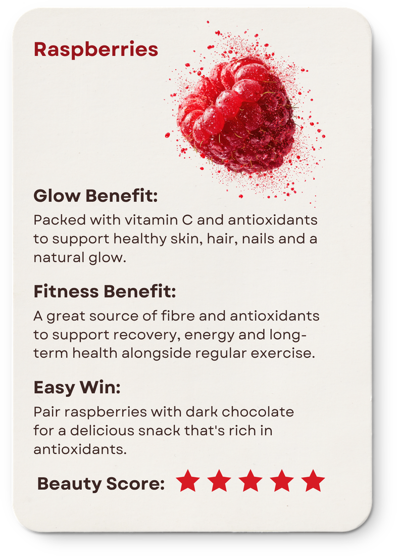Example weekly Glow Card: raspberries — glow, fitness and nutrition benefits